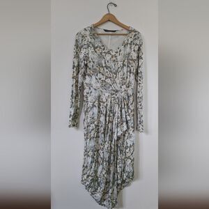 Peruvian Connection floral long sleeve v neck faux wrap pleated dress M Medium